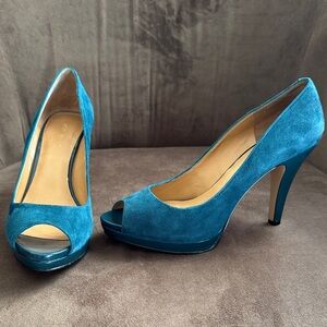 Nine West Teal Suede/Leather Peep-Toe Heels